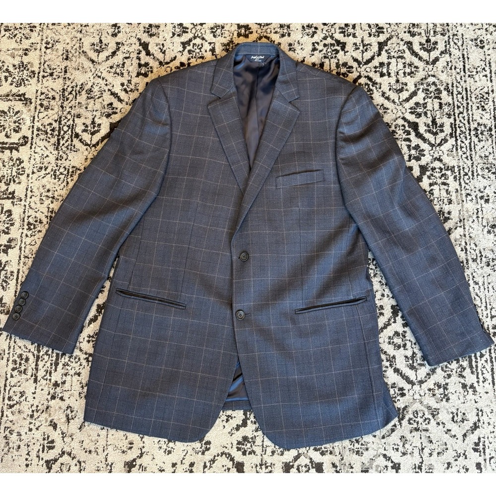 JOSEPH & FEISS GOLD mens blue WINDOWPANE wool sport coat suit jacket blazer 46 L